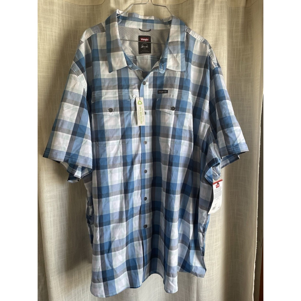 NWT Mens Wrangler Blue Plaid Button Pocket UPF Outdoor Short Sleeve Shirt 4XL